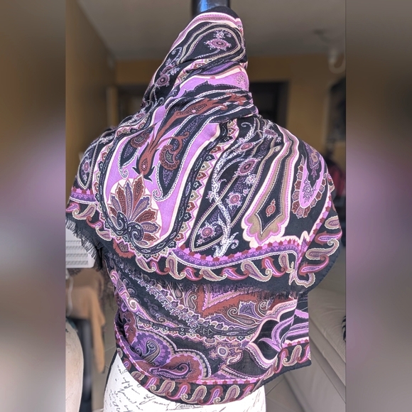 ETRO Milano Silk & Wool Purple Pink Black Paisley Print Large Scarf 67x26 - Picture 5 of 13